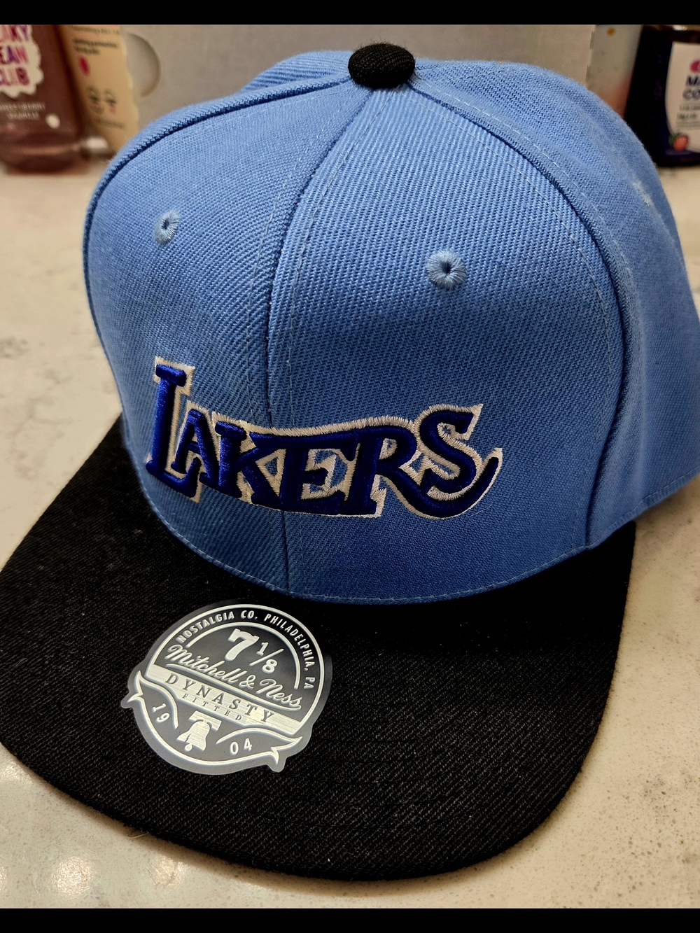 Lakers Embroidered Snapback Hat in Light Blue and Black